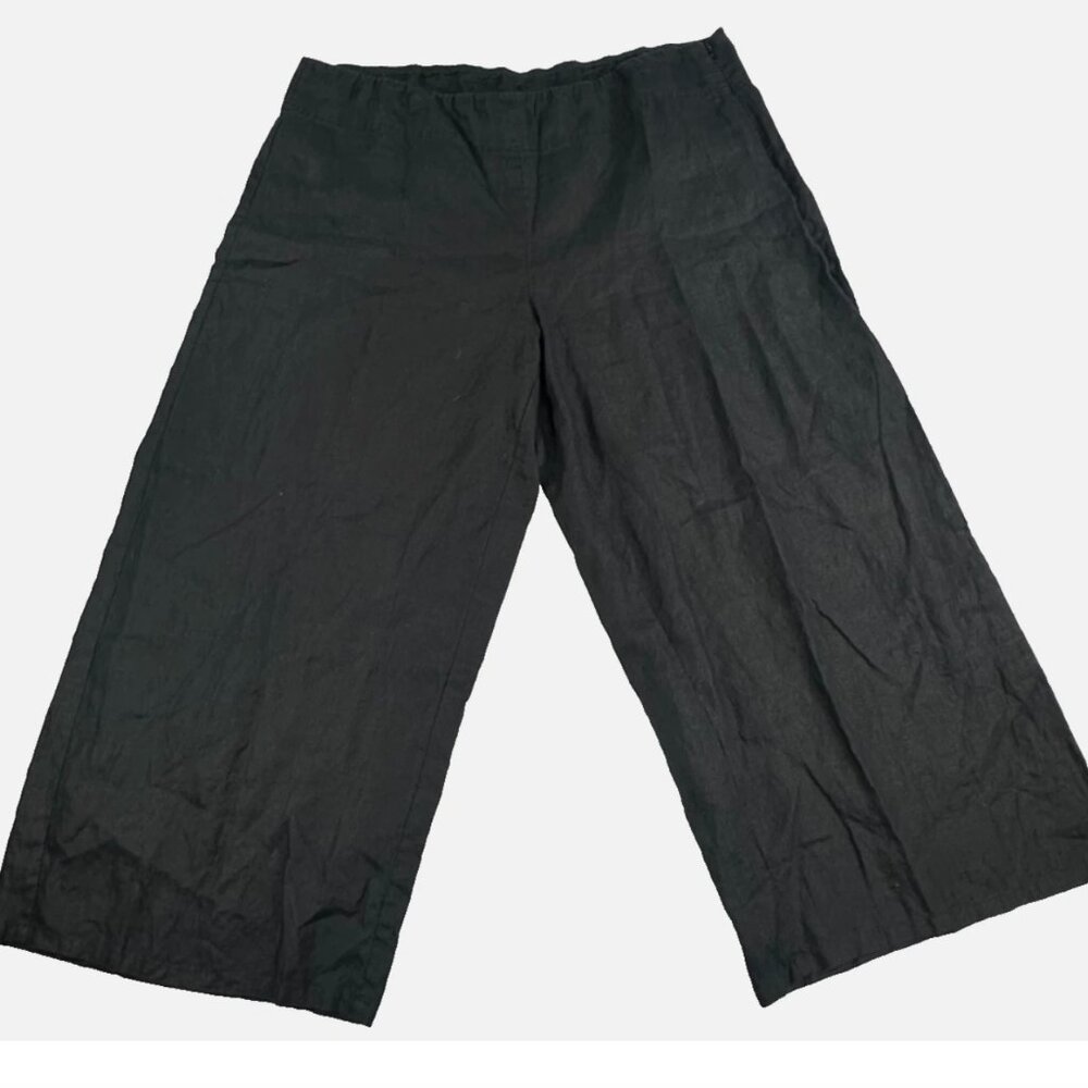 Eileen Fisher Womens Pants Black Organic Linen Crop Side Zip Wide Leg Size Lg